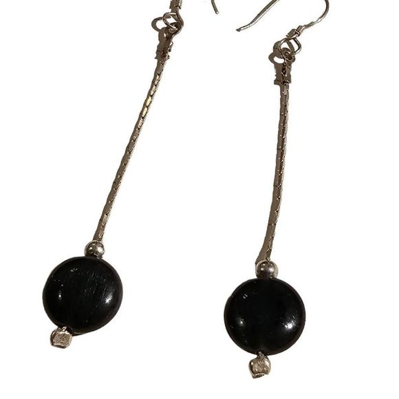 Sterling Silver With Black and Silver Natural Stone Earrings - Picture 4 of 5